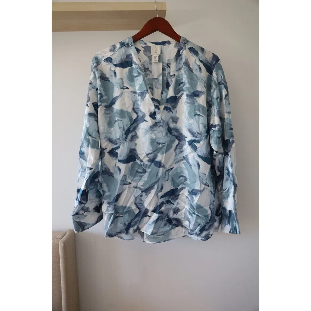Joie Womens XL Blue 100% Silk V Neck Dolman Sleeve Oversized Floral Flowy Fairy - Picture 1 of 7